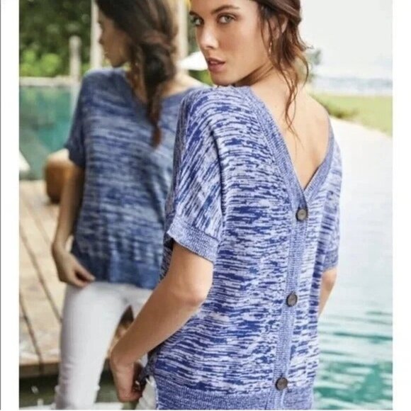 Soft Surroundings Oceana Cardigan Sweater Large Blue Short Sleeve Double V Neck - Picture 1 of 8